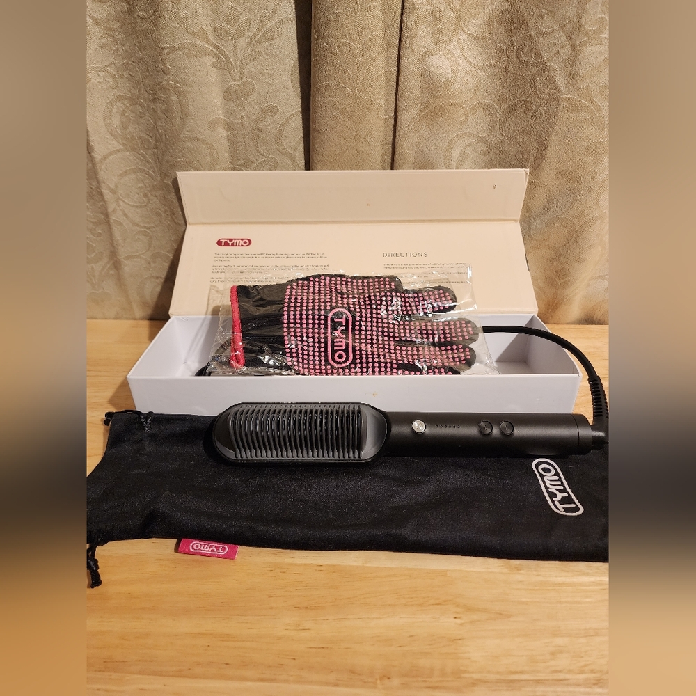 Tymo Hair Straightening Comb Black/Pink Heat Resistant Gloves Heats Up In 60 Sec